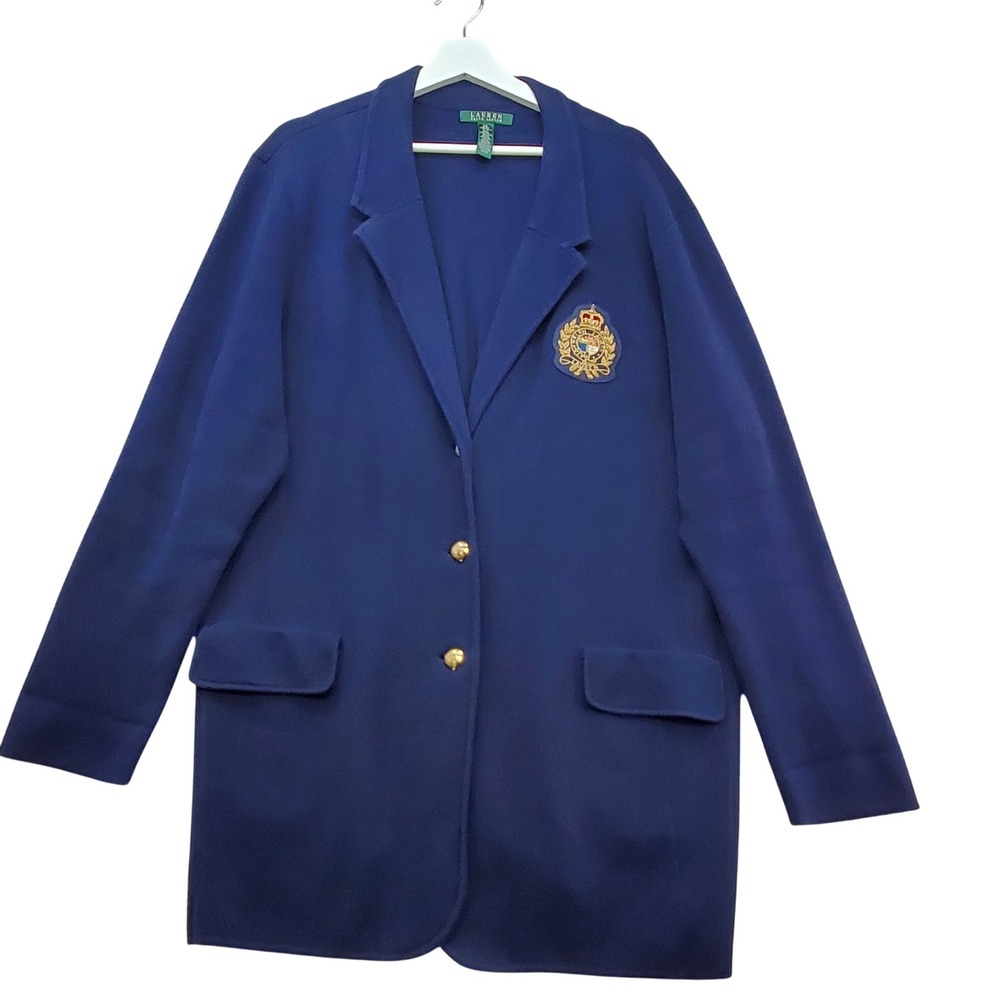 Lauren Ralph Lauren Knit Blazer Womens 3X Blue Gold Crest Bullion Navy Old Money